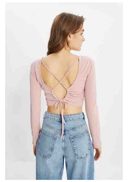 Gül Kurusu Cut Out Detaylı Crop Örme Bluz fırsatları