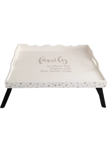 El Boyaması Katlanır Ayaklı Ahşap Şımarık Tepsi - Aile Sevgisi Temalı