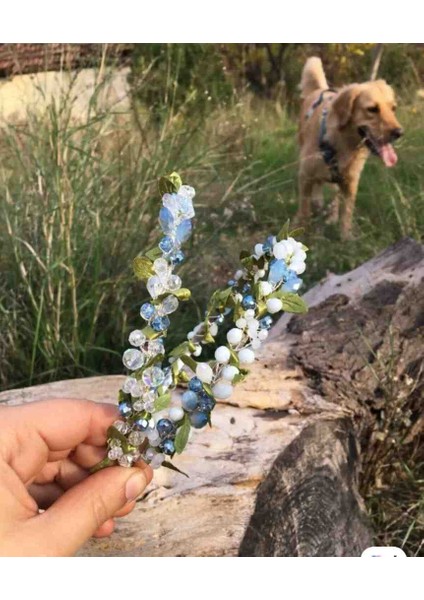 Mavi Beyaz Yeşil Yapraklı 2 Li Gelin Nişan Kına Söz Lohusa Tacı Aksesuar