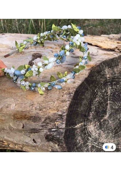 Mavi Beyaz Yeşil Yapraklı 2 Li Gelin Nişan Kına Söz Lohusa Tacı Aksesuar fiyatları