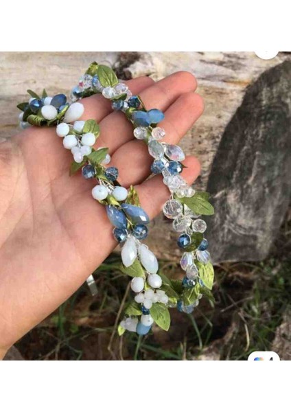 Mavi Beyaz Yeşil Yapraklı 2 Li Gelin Nişan Kına Söz Lohusa Tacı Aksesuar modelleri