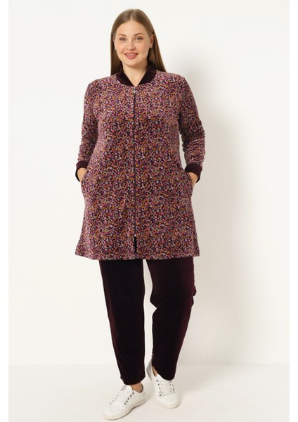 Kadın Büyük Beden Çiçek Desenli Pamuklu Kadife Fermuarlı Cepli Uzun Kollu Alt Üst Eşofman Takımı