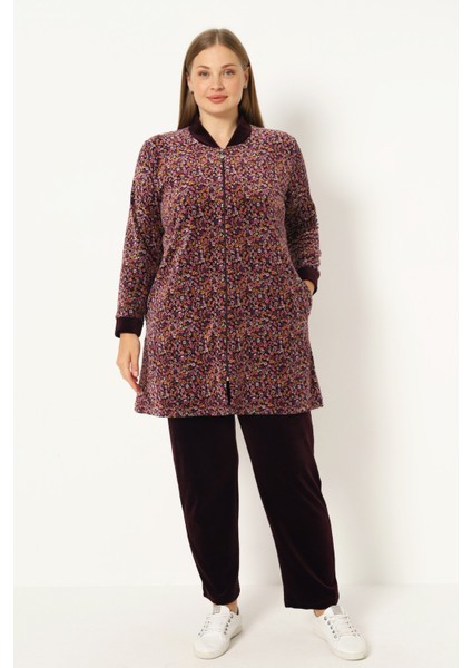 Kadın Büyük Beden Çiçek Desenli Pamuklu Kadife Fermuarlı Cepli Uzun Kollu Alt Üst Eşofman Takımı fiyatları