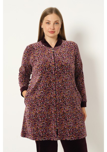 Kadın Büyük Beden Çiçek Desenli Pamuklu Kadife Fermuarlı Cepli Uzun Kollu Alt Üst Eşofman Takımı modelleri