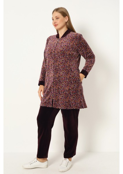 Kadın Büyük Beden Çiçek Desenli Pamuklu Kadife Fermuarlı Cepli Uzun Kollu Alt Üst Eşofman Takımı fırsatları