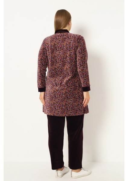 Kadın Büyük Beden Çiçek Desenli Pamuklu Kadife Fermuarlı Cepli Uzun Kollu Alt Üst Eşofman Takımı