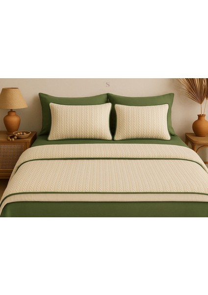 Yeşil-Krem Örgü Desen Çift Kişilik Nevresim Takımı (Pike Tkm)
