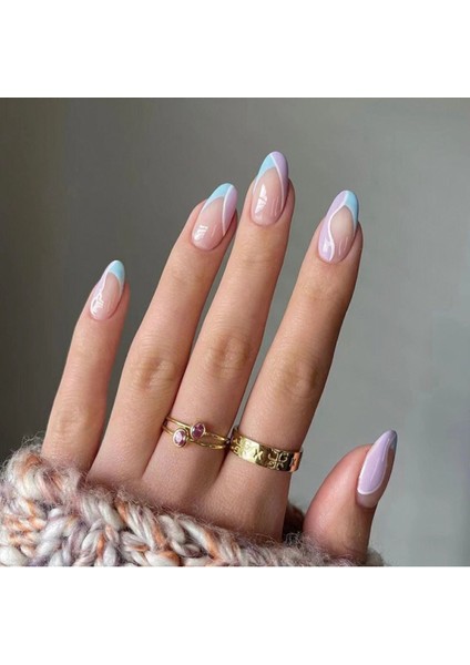 Mavi Lila French Badem Takma Tırnak Seti (24 Adet)