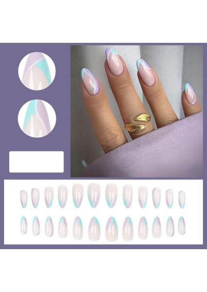 Mavi Lila French Badem Takma Tırnak Seti (24 Adet)