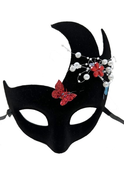 Bfs Siyah Renk Incili Taşlı Süet Kaplama Venedik Parti Maskesi 20X22 cm modelleri