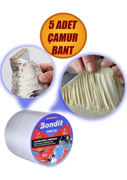 5 Adet Bondit Çatı Izolasyon Ses Su Yalıtım Tamir Bandı Çamur Bant 10 cm x 2 Metre