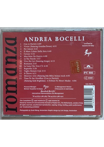 Andrea Bocelli Romanza CD (Orijinal 1996 Dönem Baskı Cd) fiyatları