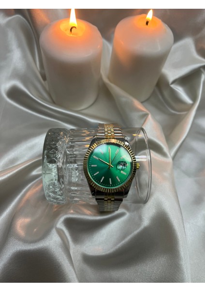 Erkek Çelik Gümüş Gri Gold Kordonlu Kol Saati