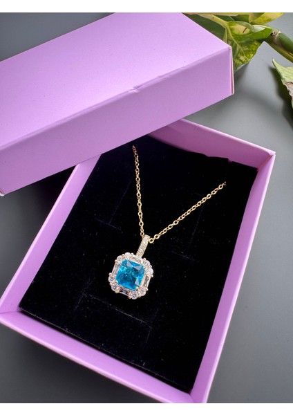 Mavi Taşlı Çelik Kolye