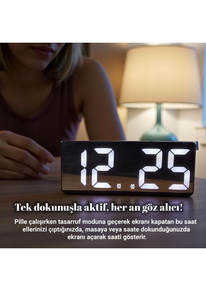 Çift Alarmlı Dijital Masa Saati-Aynalı Termometreli Tarihli Sese Duyarlı Beyaz fırsatları