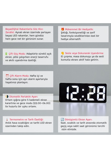 Çift Alarmlı Dijital Masa Saati-Aynalı Termometreli Tarihli Sese Duyarlı Beyaz