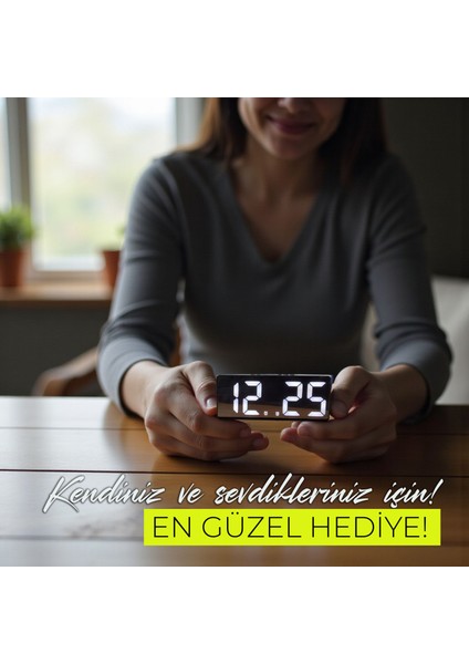 Çift Alarmlı Dijital Masa Saati-Aynalı Termometreli Tarihli Sese Duyarlı Beyaz