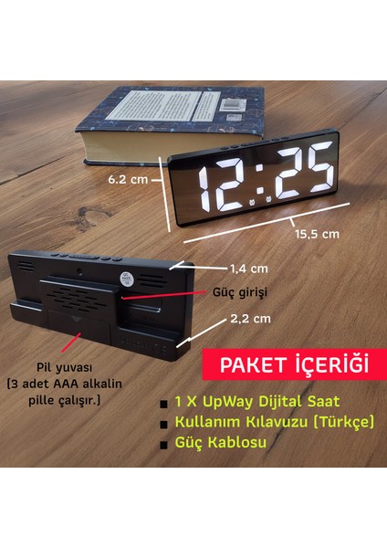 Çift Alarmlı Dijital Masa Saati-Aynalı Termometreli Tarihli Sese Duyarlı Beyaz