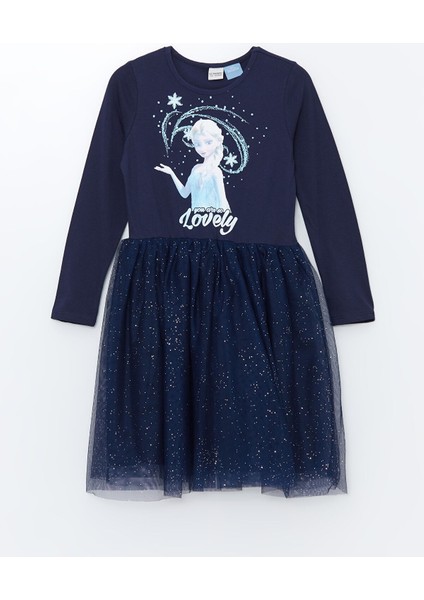 Yeni Sezon Bisiklet Yaka Elsa Baskılı Uzun Kollu Kız Çocuk Elbise