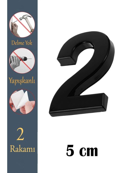 Kapı Numarası Yapışkanlı Küçük Boy 50 mm 5 cm Numara 2 Rakam Iki Sayısı Siyah Renk Numaralar 1 Adet