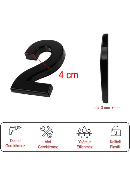 Kapı Numarası Yapışkanlı Küçük Boy 50 mm 5 cm Numara 2 Rakam Iki Sayısı Siyah Renk Numaralar 1 Adet indirimleri