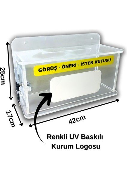 Şeffaf Pleksi Kilitli Görüş–öneri–istek Kutusu (• Duvar Tipi • Uv Baskılı Logolu • 42×17×25 Cm)