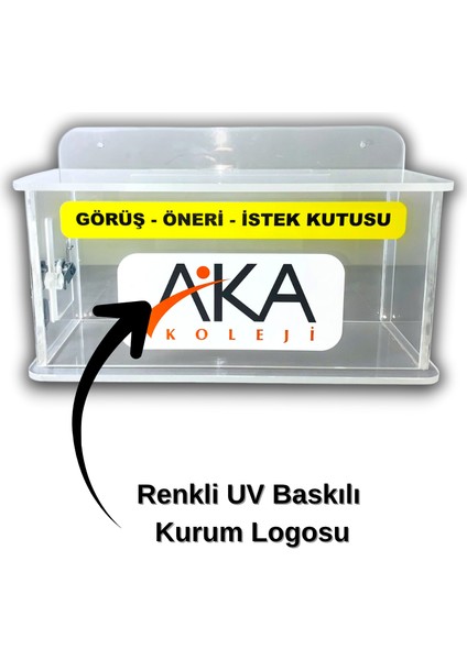 Şeffaf Pleksi Kilitli Görüş–öneri–istek Kutusu (• Duvar Tipi • Uv Baskılı Logolu • 42×17×25 Cm) modelleri