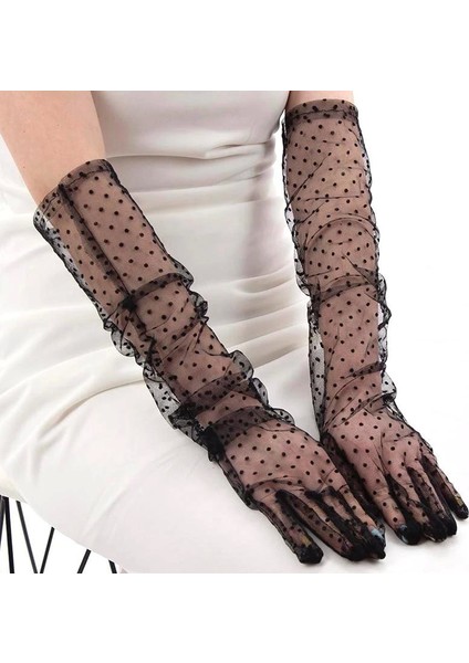 Bfs Uzun Boy Siyah Puantiyeli Siyah Renk Yetişkin Tül Eldiven 55 cm fiyatları