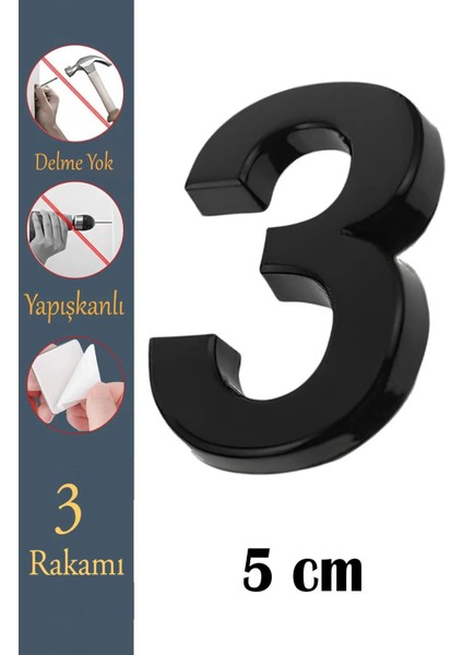 Kapı Numarası Yapışkanlı Küçük Boy 50 mm 5 cm Numara 3 Rakam Üç Sayısı Siyah Renk Numaralar 1 Adet