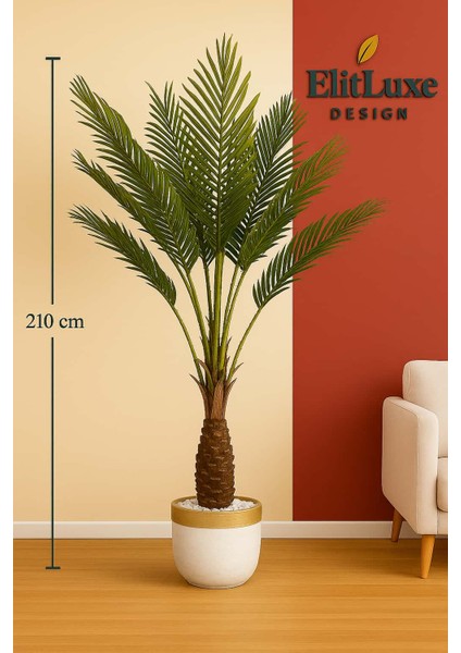 Elitluxe Design 210 cm Büyük Dev Boy Yapay Hurma Palmiye Ağacı – Gold Detaylı Saksı – Gerçeğe En Yakın Palmiye Bitki