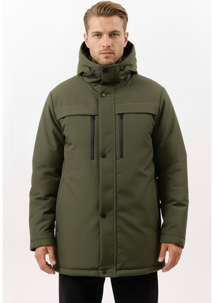 İçi Astarlı Su ve Rüzgar Geçirmez Cepli Kapüşonlu Erkek Mont