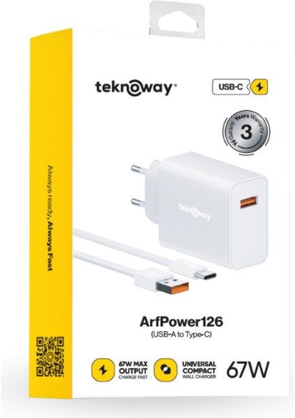 ARF 67W Type-A to Type-C Şarj Seti Beyaz