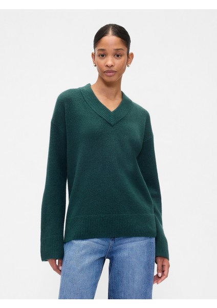 Kadın Yeşil Oversized V Yaka Kazak