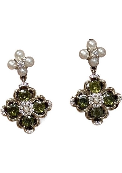 Sonbahar/kış Inci Zeytin Yeşili Dört Yapraklı Yonca Küpeleri (Yurt Dışından)