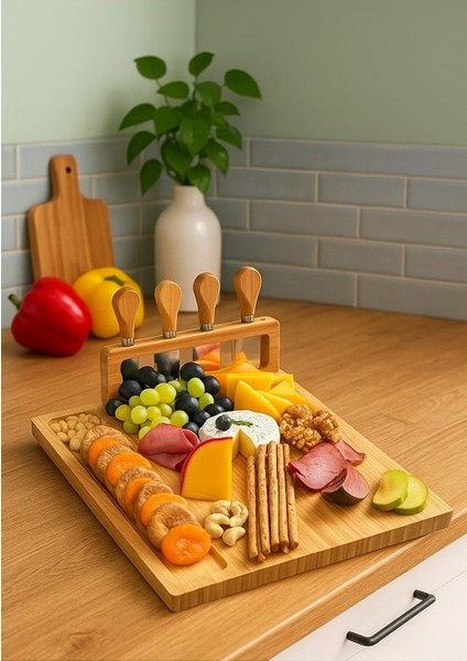 5 Parça Bambu Peynir Sunum Tahtası ve Çatal - Spatula -Mini Spatula - Bıçak Seti, Peynir Kesim Panosu, Sunum Seti