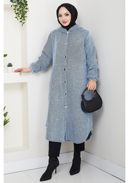 Çizgi Detay Kapüşonlu Kaşe Kap 1634 - Mavi