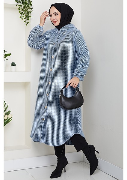 Çizgi Detay Kapüşonlu Kaşe Kap 1634 - Mavi modelleri