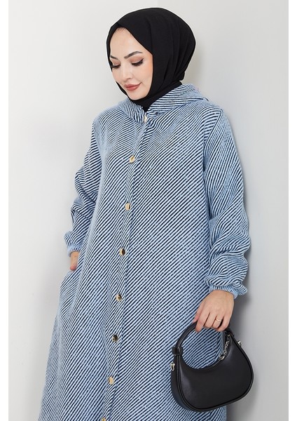 Çizgi Detay Kapüşonlu Kaşe Kap 1634 - Mavi fırsatları