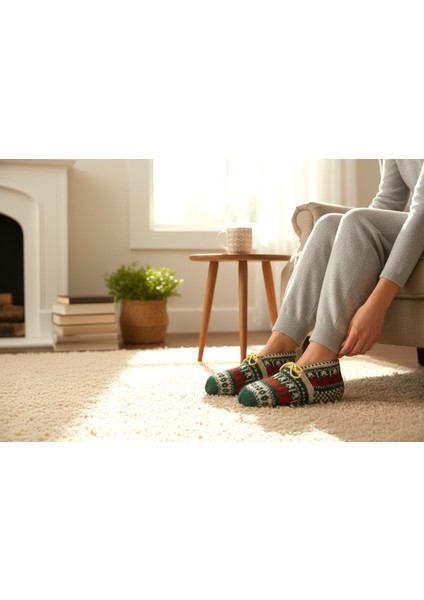 El Örgüsü Yünlü Desenli Kadın Kışlık Patik – Yeşil Kırmızı Renk İçeriği – Yerli Üretim - 35-39 Numaralara Uygun