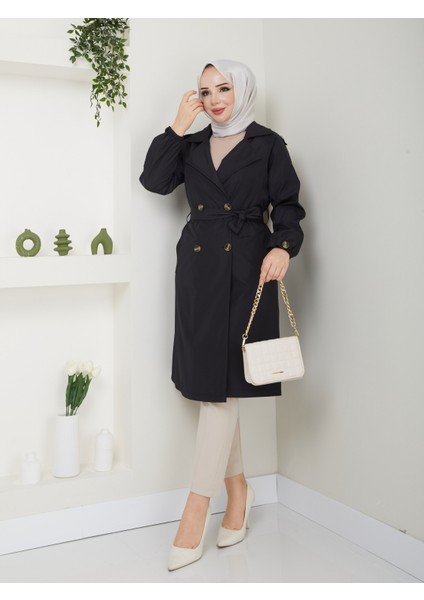 Kadın Siyah Lastik Kollu Trençkot