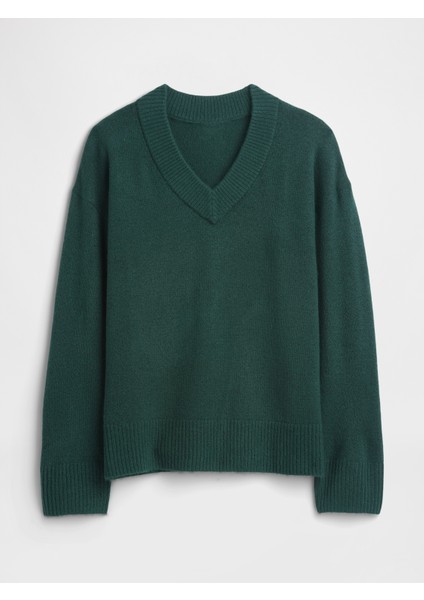 Kadın Yeşil Oversized V Yaka Kazak fiyatları