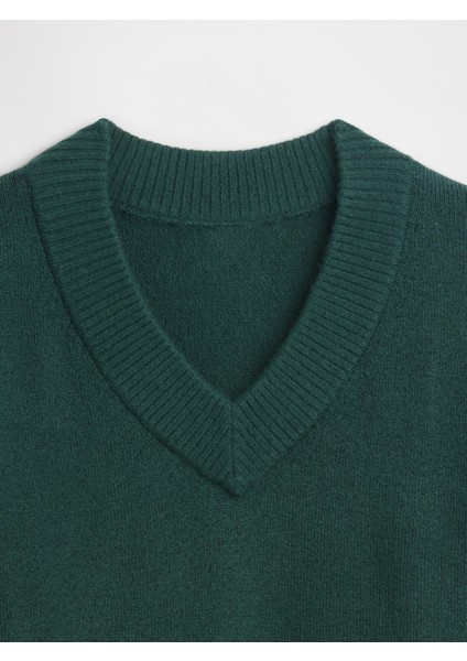 Kadın Yeşil Oversized V Yaka Kazak modelleri