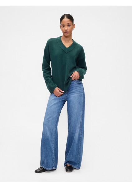 Kadın Yeşil Oversized V Yaka Kazak fırsatları