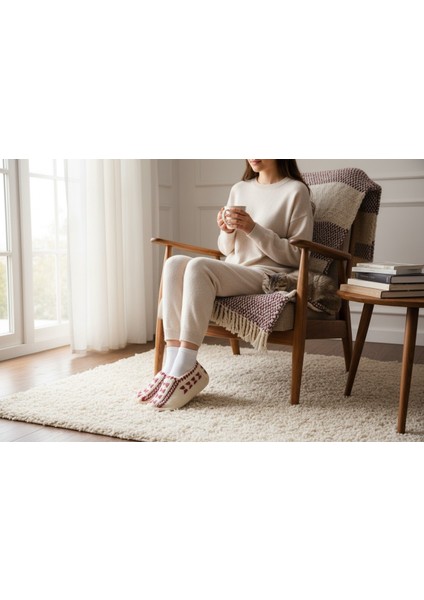 Balıkesir Köylerinden - El Örgüsü - Krem Zemin Mor Desenli Kadın Yün Patik - 35/39 Numaralara Uygun - Yerli Üretim