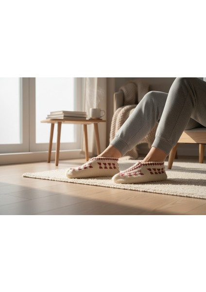 Balıkesir Köylerinden - El Örgüsü - Krem Zemin Mor Desenli Kadın Yün Patik - 35/39 Numaralara Uygun - Yerli Üretim fiyatları