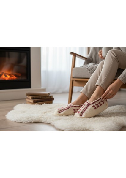 Balıkesir Köylerinden - El Örgüsü - Krem Zemin Mor Desenli Kadın Yün Patik - 35/39 Numaralara Uygun - Yerli Üretim modelleri