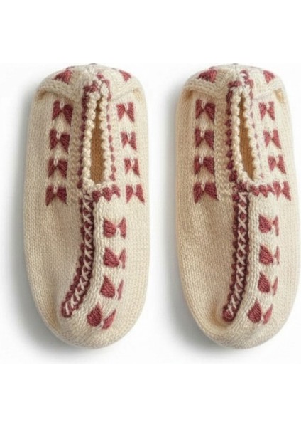 Balıkesir Köylerinden - El Örgüsü - Krem Zemin Mor Desenli Kadın Yün Patik - 35/39 Numaralara Uygun - Yerli Üretim fırsatları