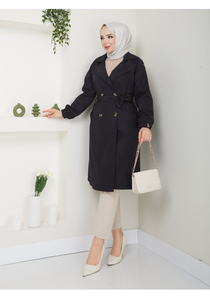 Kadın Siyah Lastik Kollu Trençkot modelleri