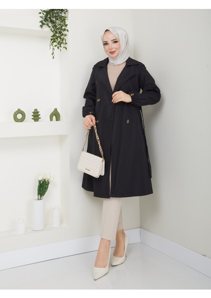 Kadın Siyah Lastik Kollu Trençkot fırsatları