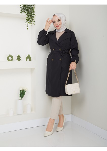 Kadın Siyah Lastik Kollu Trençkot indirimleri